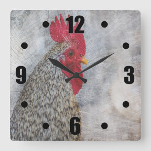 Grey Country Rooster Square Wall Clock