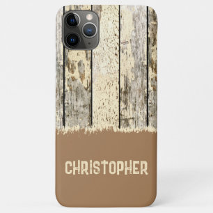 Grey cream and brown rustic faux wood add name iPhone 11 pro max case