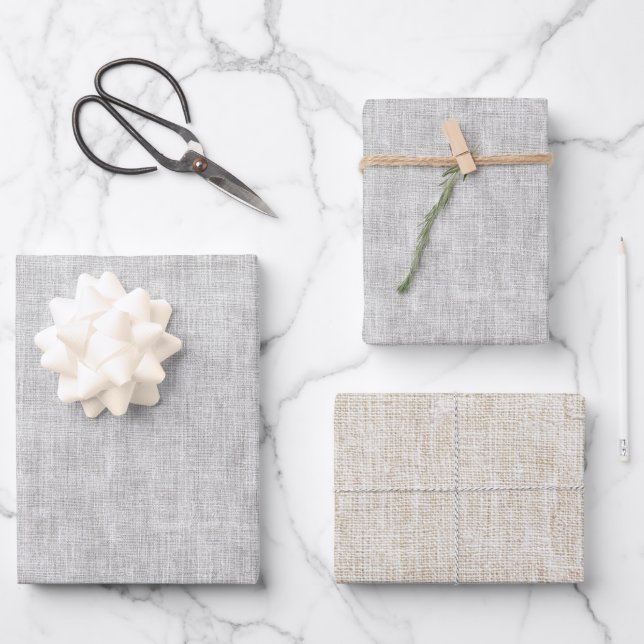 Grey Cream Faux Linen Wedding Wrapping Paper Sheet (Front)