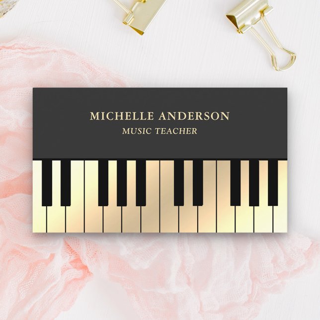 Grey Cream Gold Piano Keyboard Teacher Pianist Business Card (Creator Uploaded)