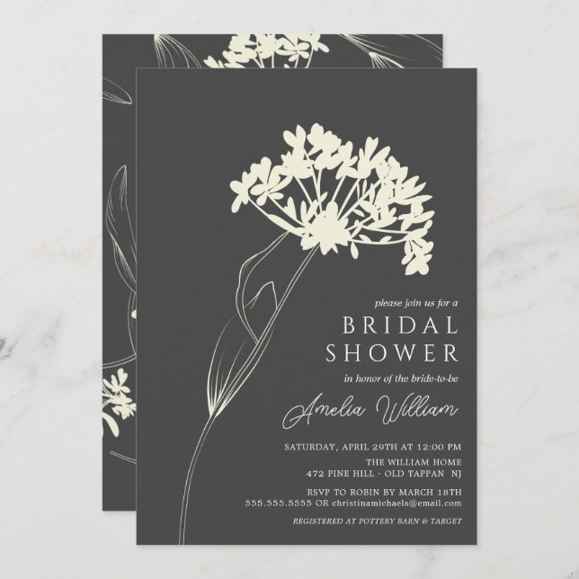 Grey & Cream Modern Floral Bridal Shower Invitation (Front/Back)