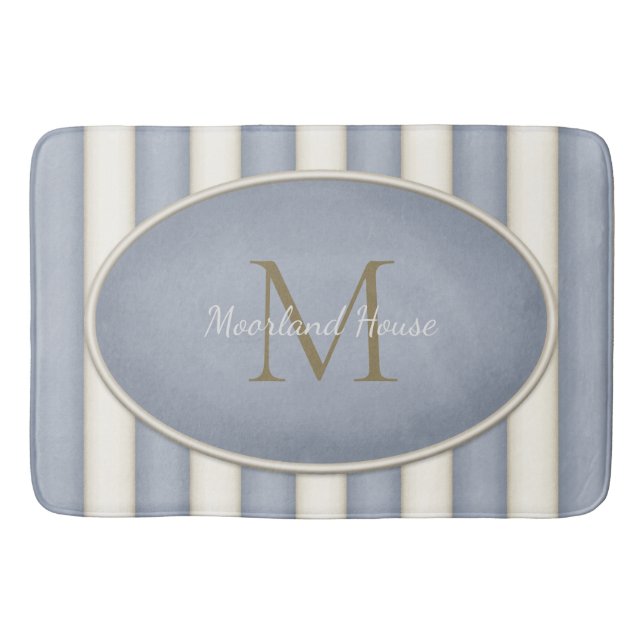Grey & Cream Stripes Bronze Monogram Bath Mat (Front)