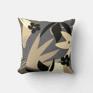 Grey Cream Tan & Black Artistic Abstract Leaves Cushion