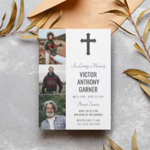 Grey Cross 3 Photos White Burial Service Invitation