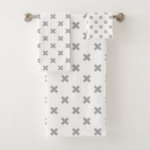 Grey cross stitches on white bath towel set
