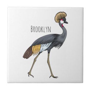 Grey crowned crane bird cartoon illustration ceramic tile