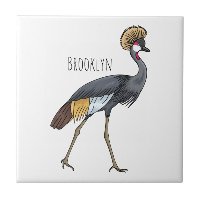 Grey crowned crane bird cartoon illustration  ceramic tile (Front)