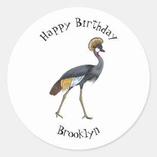 Grey crowned crane bird cartoon illustration  classic round sticker