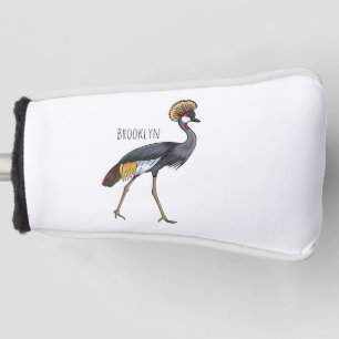 Grey crowned crane bird cartoon illustration golf head cover