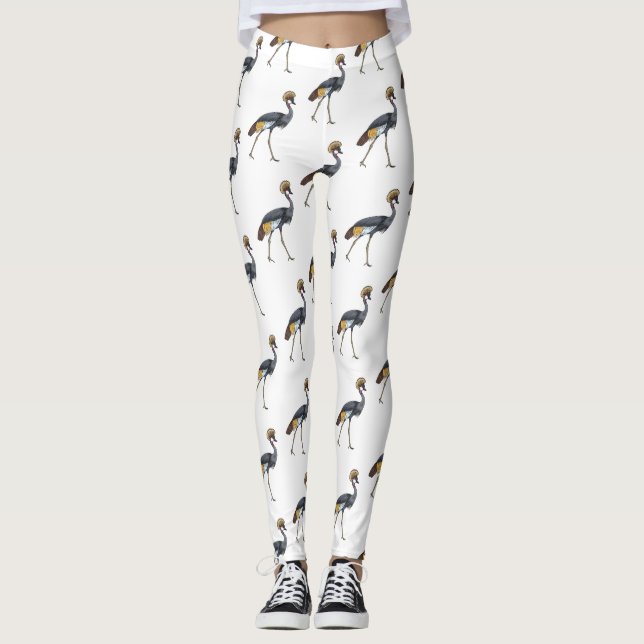 Grey crowned crane bird cartoon illustration  leggings (Front)