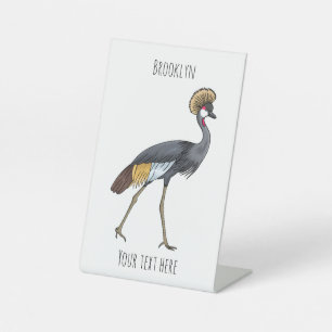 Grey crowned crane bird cartoon illustration  pedestal sign