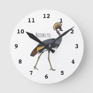 Grey crowned crane bird cartoon illustration  round clock