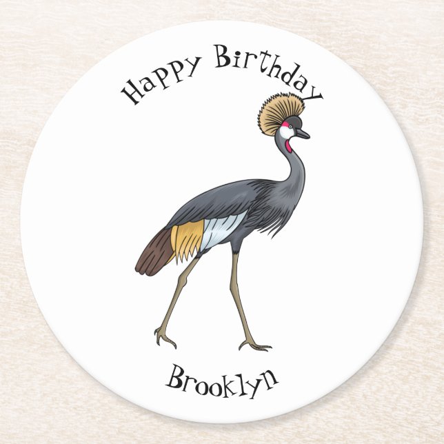 Grey crowned crane bird cartoon illustration  round paper coaster (Front)