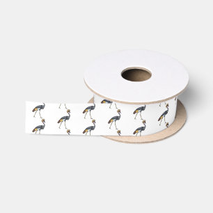 Grey crowned crane bird cartoon illustration  satin ribbon