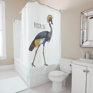Grey crowned crane bird cartoon illustration shower curtain