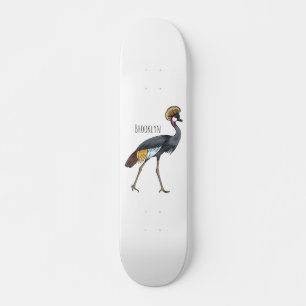 Grey crowned crane bird cartoon illustration skateboard