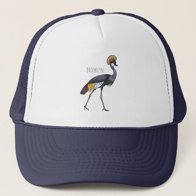 Grey crowned crane bird cartoon illustration  trucker hat (Front)