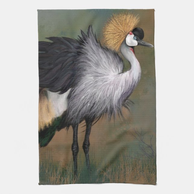 Grey Crowned Crane Bird Kitchen Towels (Vertical)