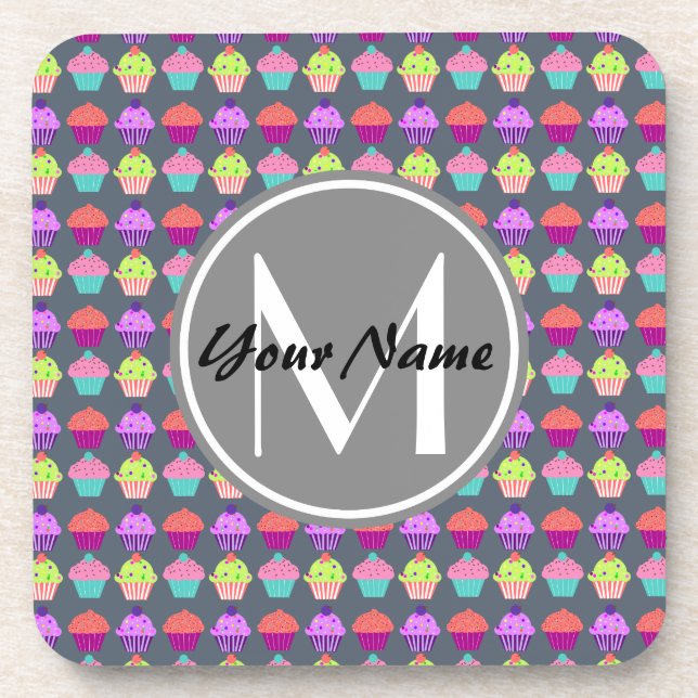 Grey Cupcakes, Personalised Name Monogram Coaster (Front)