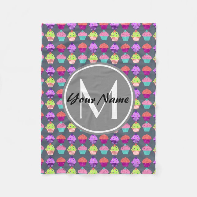 Grey Cupcakes, Personalised Name Monogram Fleece Blanket (Front)