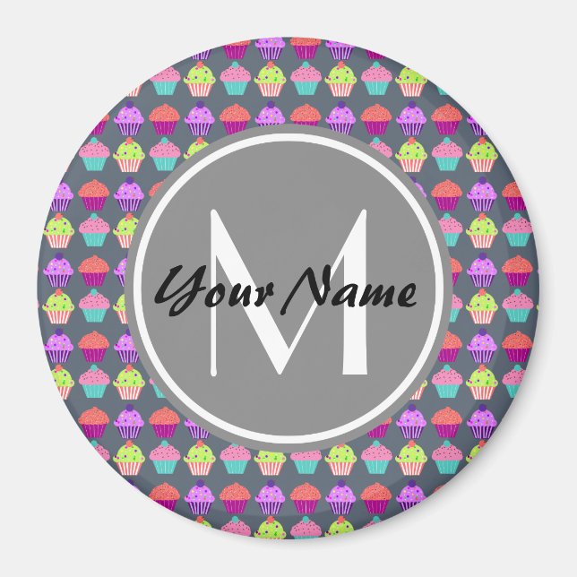 Grey Cupcakes, Personalised Name Monogram Magnet (Front)