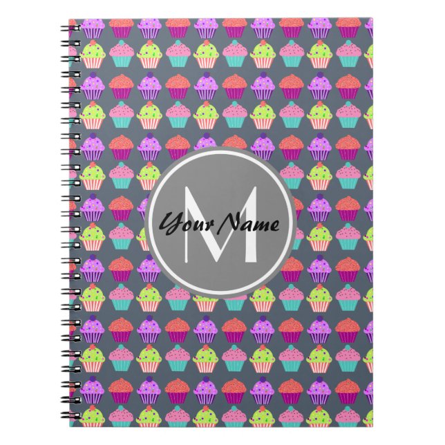 Grey Cupcakes, Personalised Name Monogram Notebook (Front)