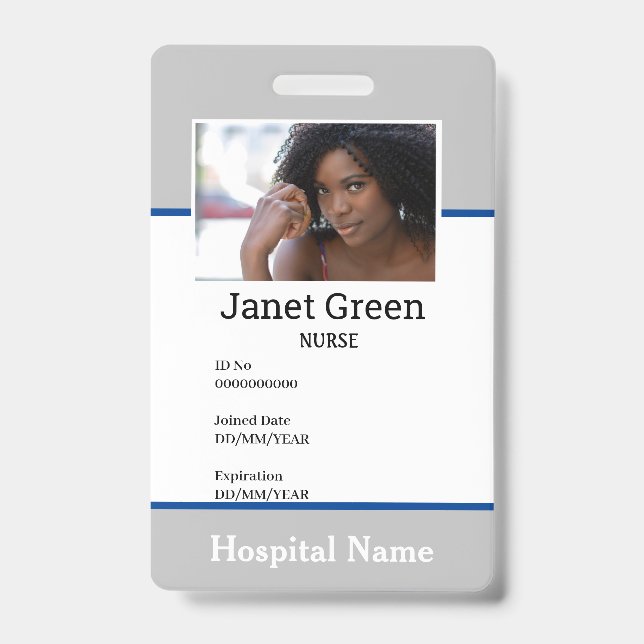 Grey Custom Employee Nurse Doctor ID Photo Badge (Front)