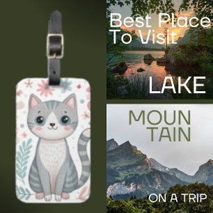 Grey Cute Feline Cat with Pink Leaves Luggage Tag