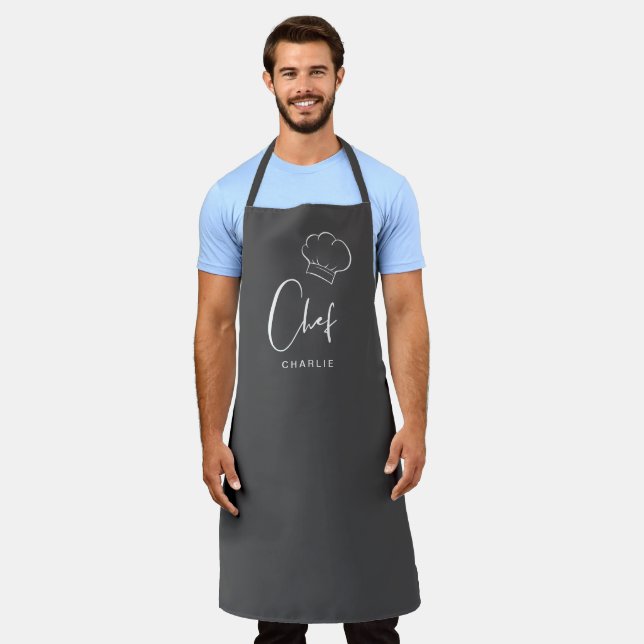 Grey cute hat and script personalised chef apron (Worn)