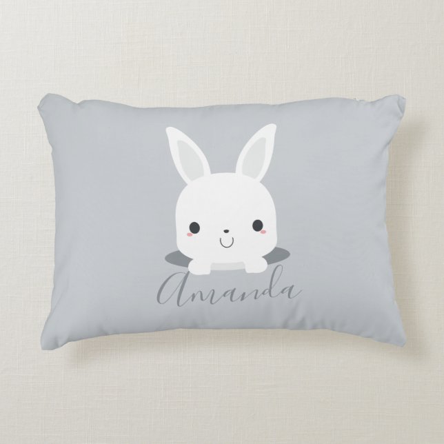 Grey Cute Little Bunny Rabbit with Custom Name Decorative Cushion (Front)