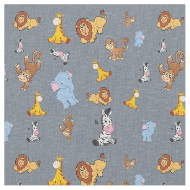 grey Cute safari animal pattern - Giraffe, elephan Fabric (Close Up)