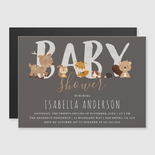 Grey | Cute Woodland Animals Neutral Baby Shower Magnetic Invitation (Front/Back)