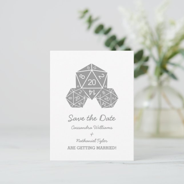 Grey D20 Dice Save the Date Postcard (Standing Front)