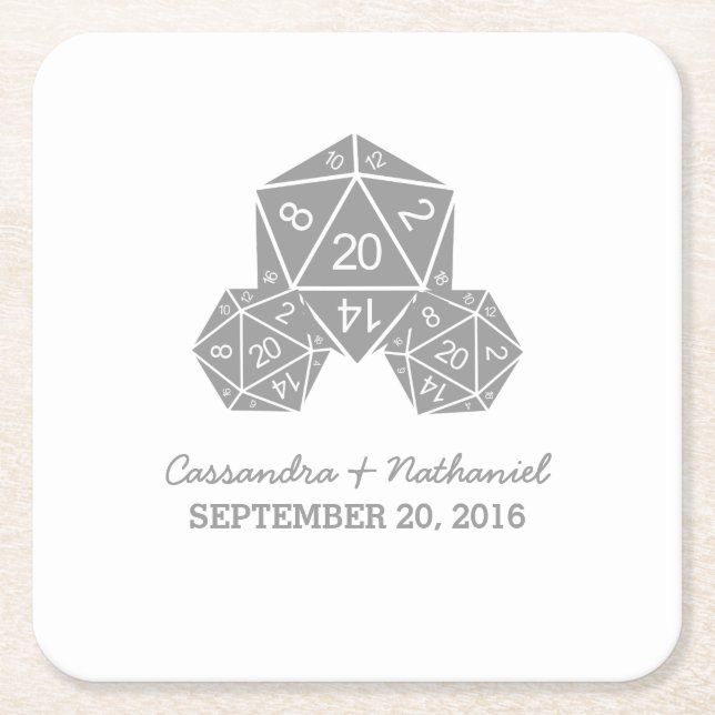 Grey D20 Dice Wedding Paper Coasters (Front)