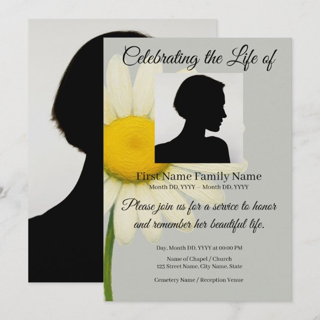 Grey Daisy memorial invitation (Front/Back)