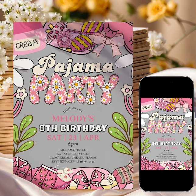 Grey Daisy Pajama Party Birthday Invitation (Creator Uploaded)