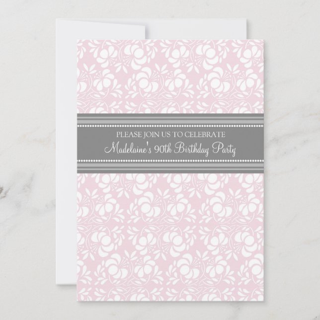 Grey Damask 90th Birthday Party Invitations (Front)