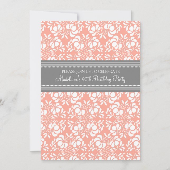 Grey Damask 90th Birthday Party Invitations (Front)