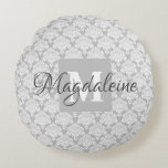Grey Damask Accent Pillow w/ Monogram & Name<br><div class="desc">This beautiful accent pillow features a classic white damask pattern over a grey background. The design is personalised with a monogram initial letter as well as a customisable name. Perfect for decorating any room with a classic yet elegant style. Great house warming gift or perfect for decorating a dorm room...</div>