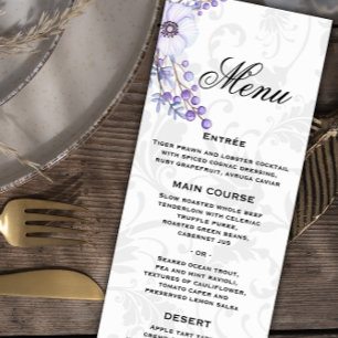 Grey Damask and Purple Floral Wedding Menu