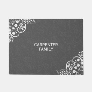 Grey Damask And White Floral Lace Doormat