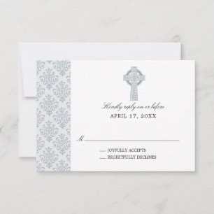 Grey Damask Celtic Cross First Communion RSVP