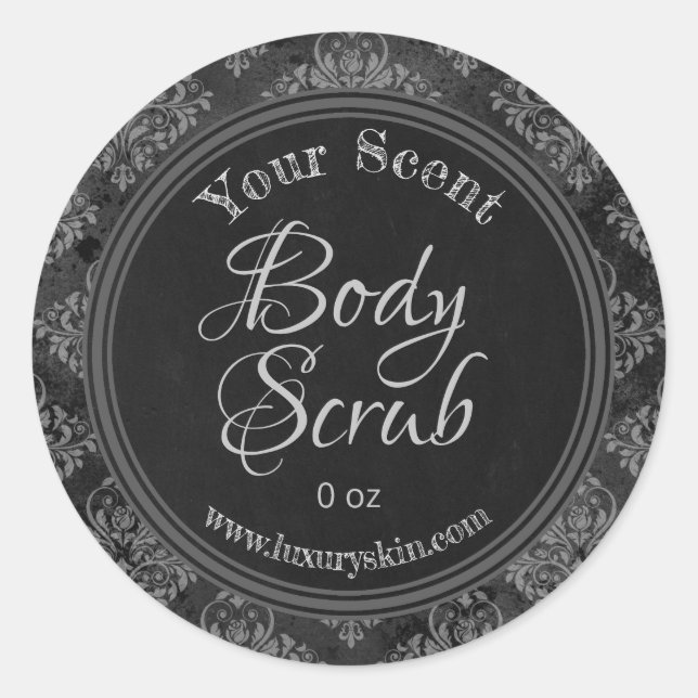Grey Damask Charcoal Chalkboard Body Scrub Labels (Front)
