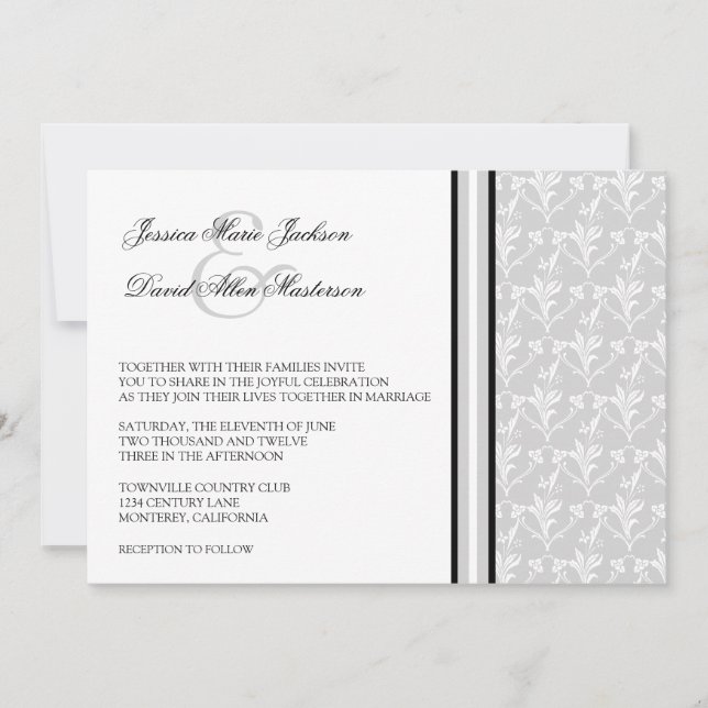 Grey Damask Formal 5x7 Wedding Invitation (Front)