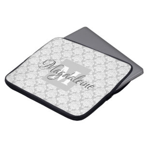 Grey Damask Laptop Case with Monogram & Name