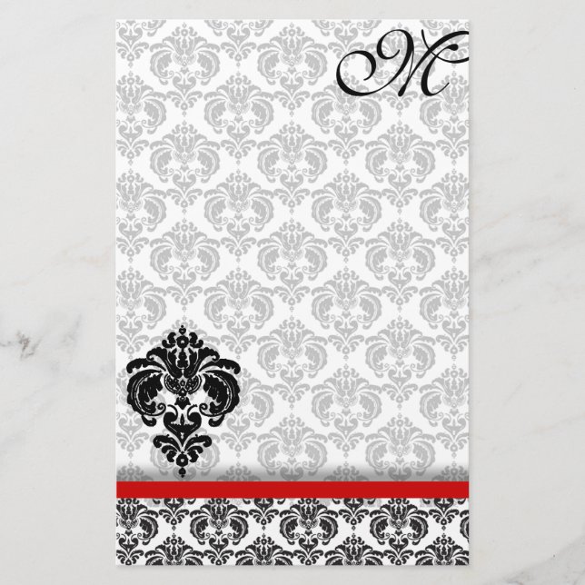 Grey Damask Monogram 100% Recycled Paper (Front)
