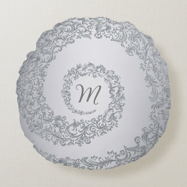 Grey Damask Monogram Round Cushion (Front)