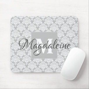 Grey Damask Mouse Pad with Monogram & Name
