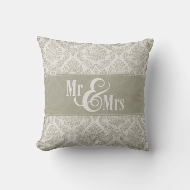 Grey Damask "Mr & Mrs" pillow, personalised Cushion (Front)