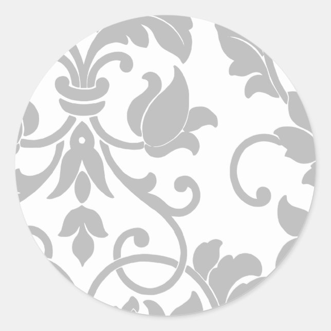 Grey Damask on White Classic Round Sticker (Front)